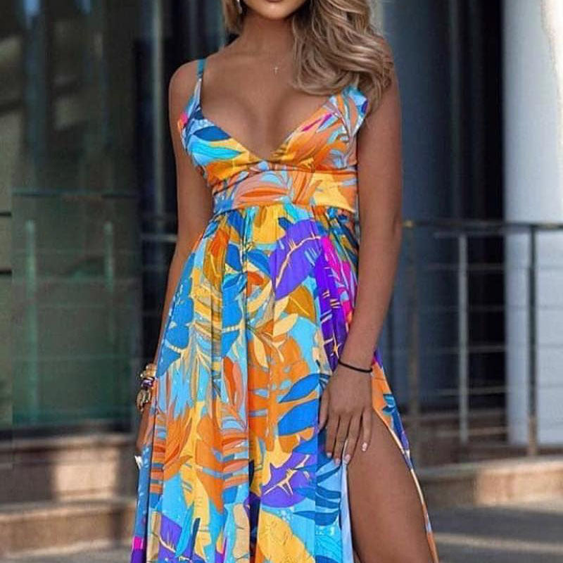 Women's Spring Leaves Four-sided Stretch Dress Bohemian Strap Dresses