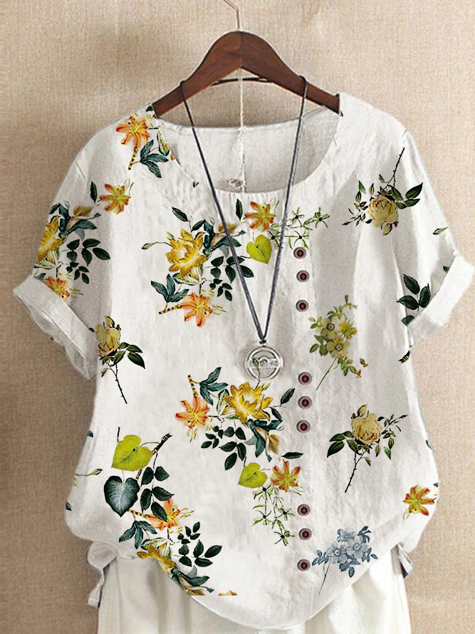 Women's Summer Retro Cotton Linen Fashion Printed Loose Blouses