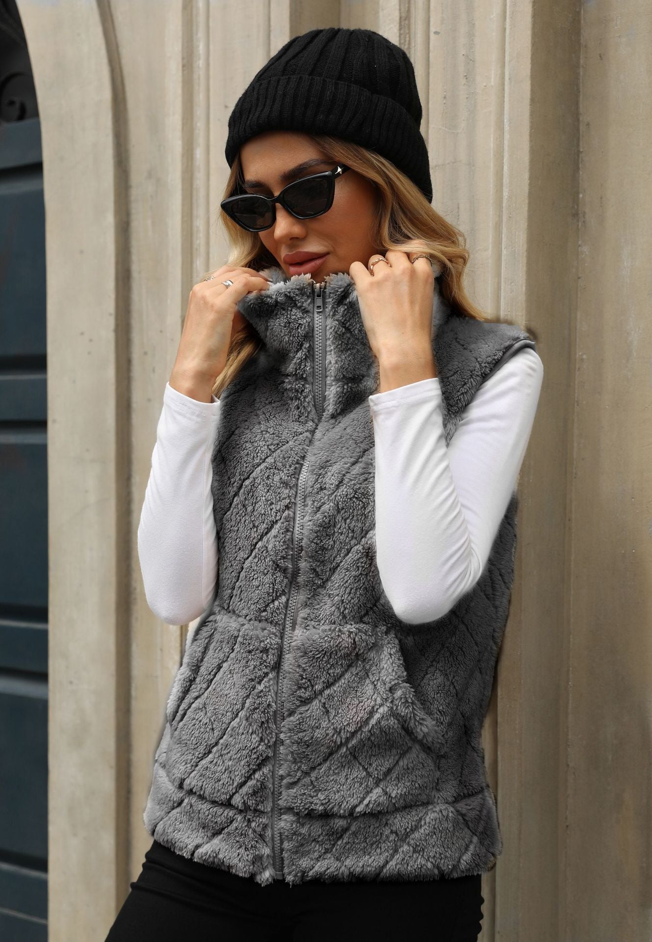 Women's Flash Veet Zipper Loose Diamond Lattice Vests
