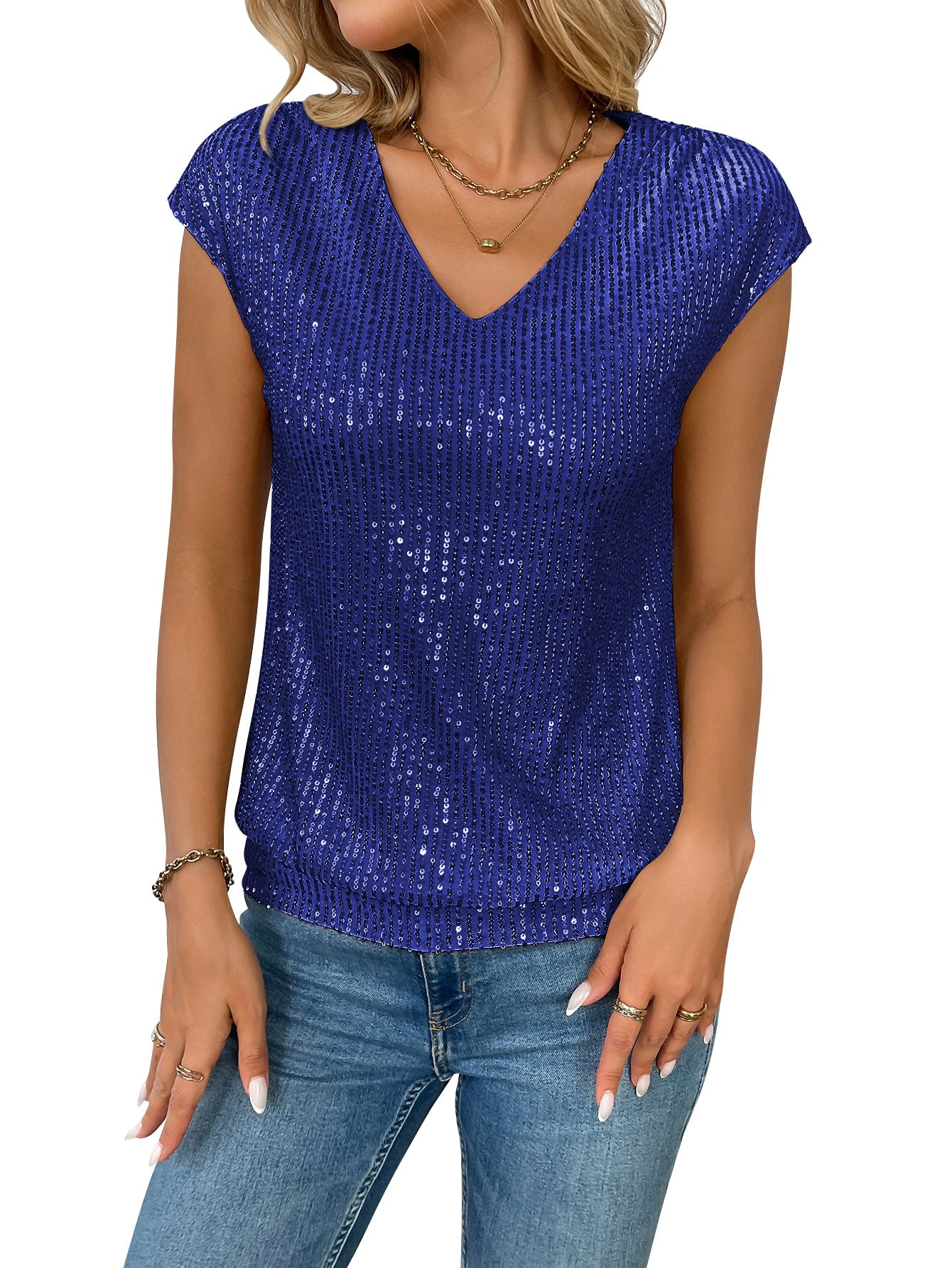 Women's Pretty Casual Summer Sequins Short-sleeved Blouses