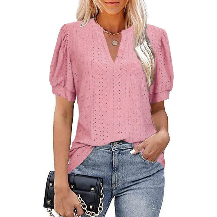 Casual Solid Color Hollow Puff Sleeve Blouses