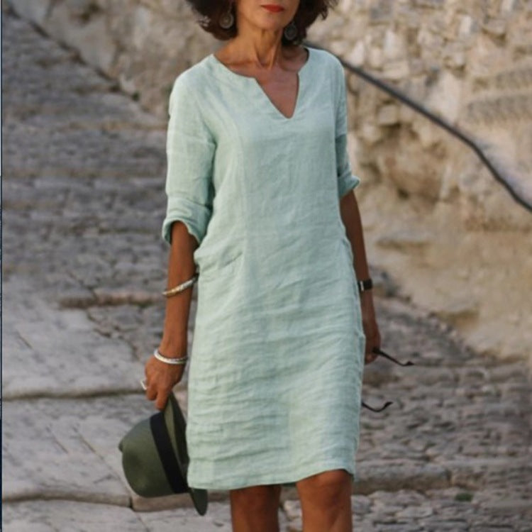 Women's Cotton Linen Solid Color Slim Fit Dresses