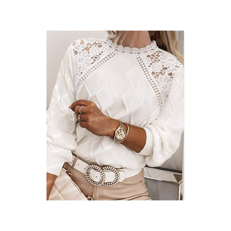 Women's Lace Shoulder Elegant Slim Knitted Pullover Knitwear