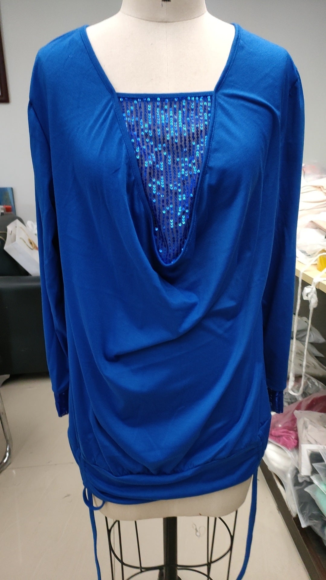Pure Color Sequins Stitching Long-sleeved Elegant Blouses