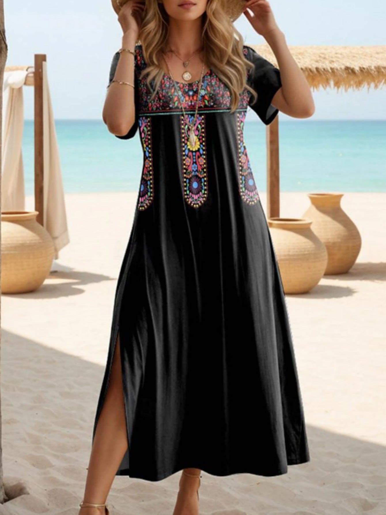 Women's Elegant Slit Round Neck Sleeve Full Dresses