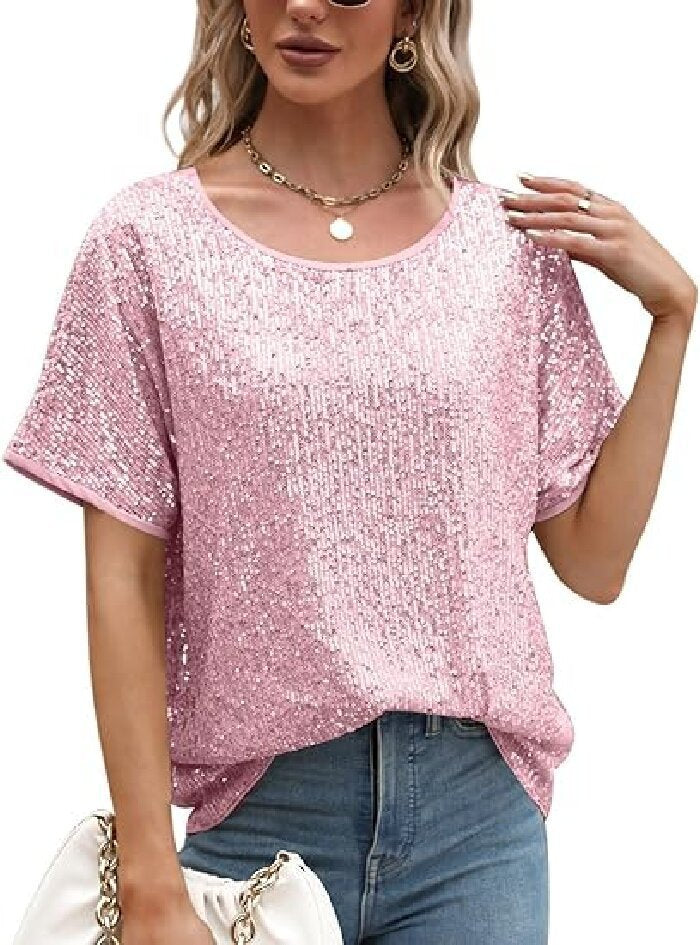 Loose Sequins Oblique Shoulder Sleeve Casual Sequin Tops