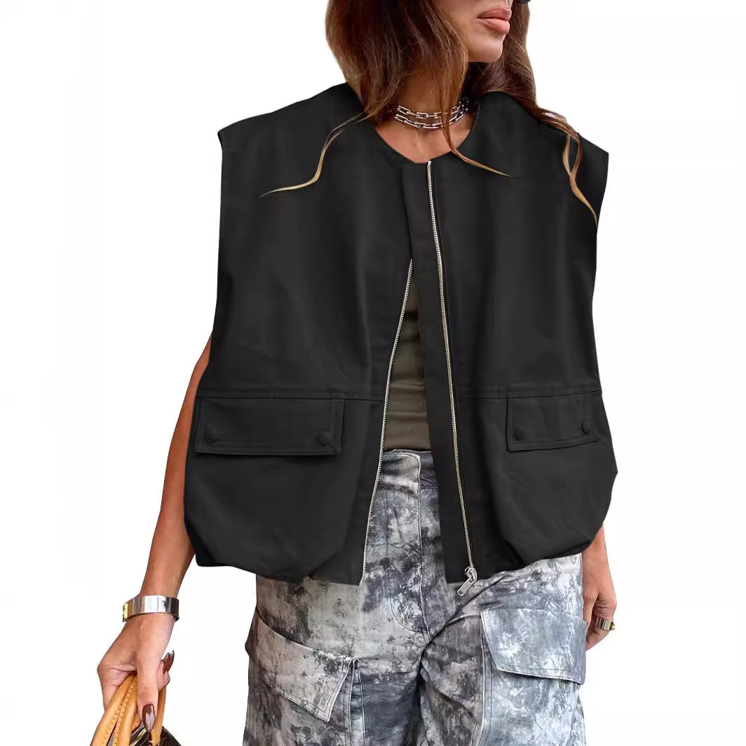 Women's Sleeveless Pocket Loose-fitting Waistcoat Solid Color Cardigans