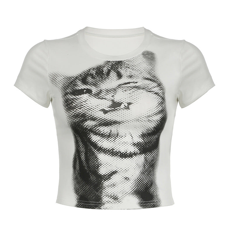 Women's Style Cat Printing Short-sleeved T-shirt Round Tops