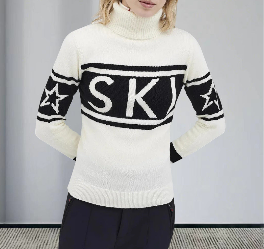 Star Letters Printed Turtleneck Fashionable Elegant Sweaters