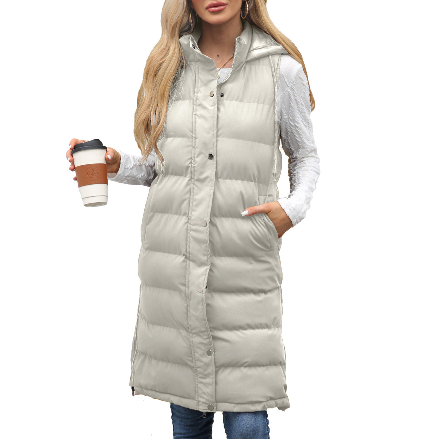 Women's Hooded Sleeveless Long Solid Color Zipper Vests
