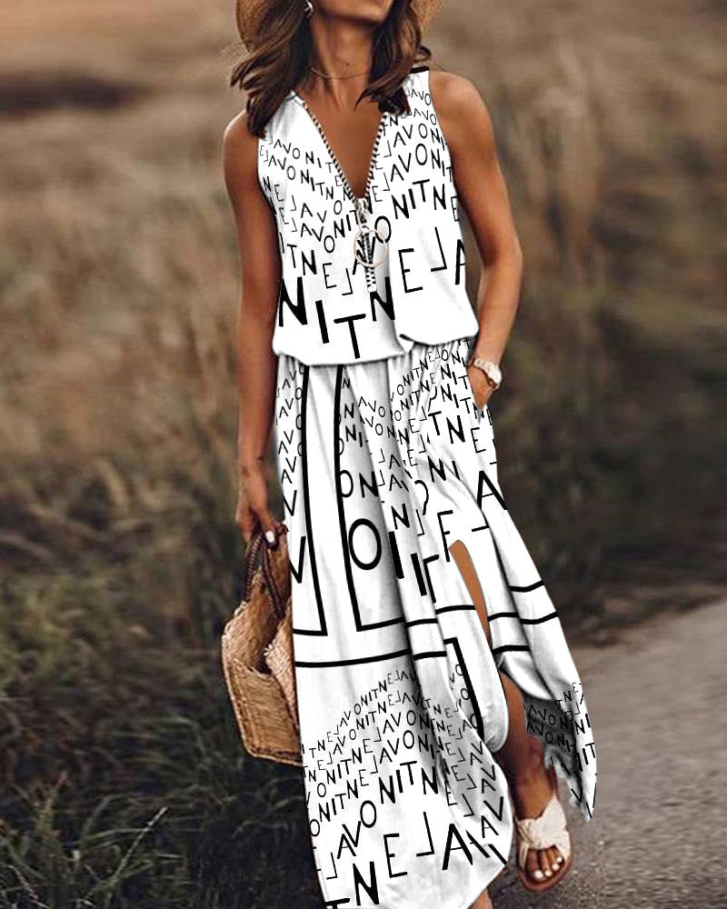 Women's Sleeveless Long Dress Casual Waist Zipper Dresses