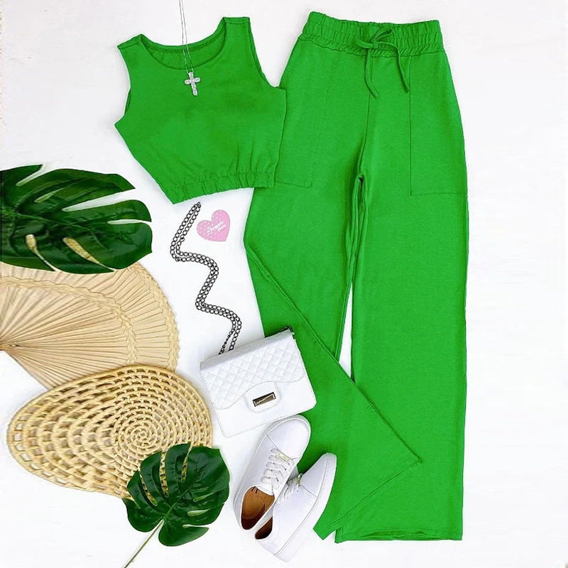 Women's Sweet Solid Color Drawstring High Waist Straight Fashion Suits