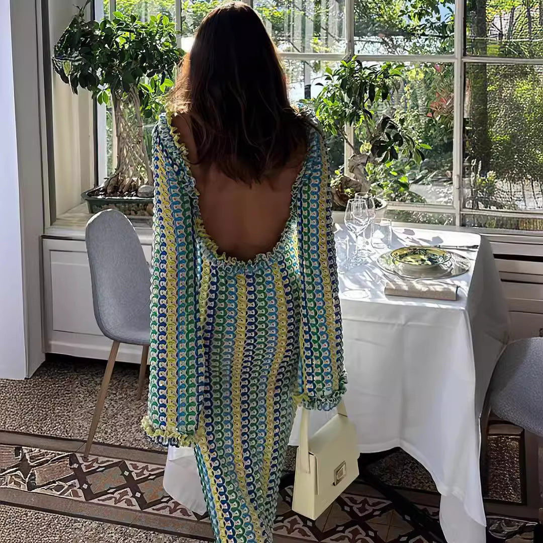 Contrast Color Lace Backless Long Sleeve Dresses