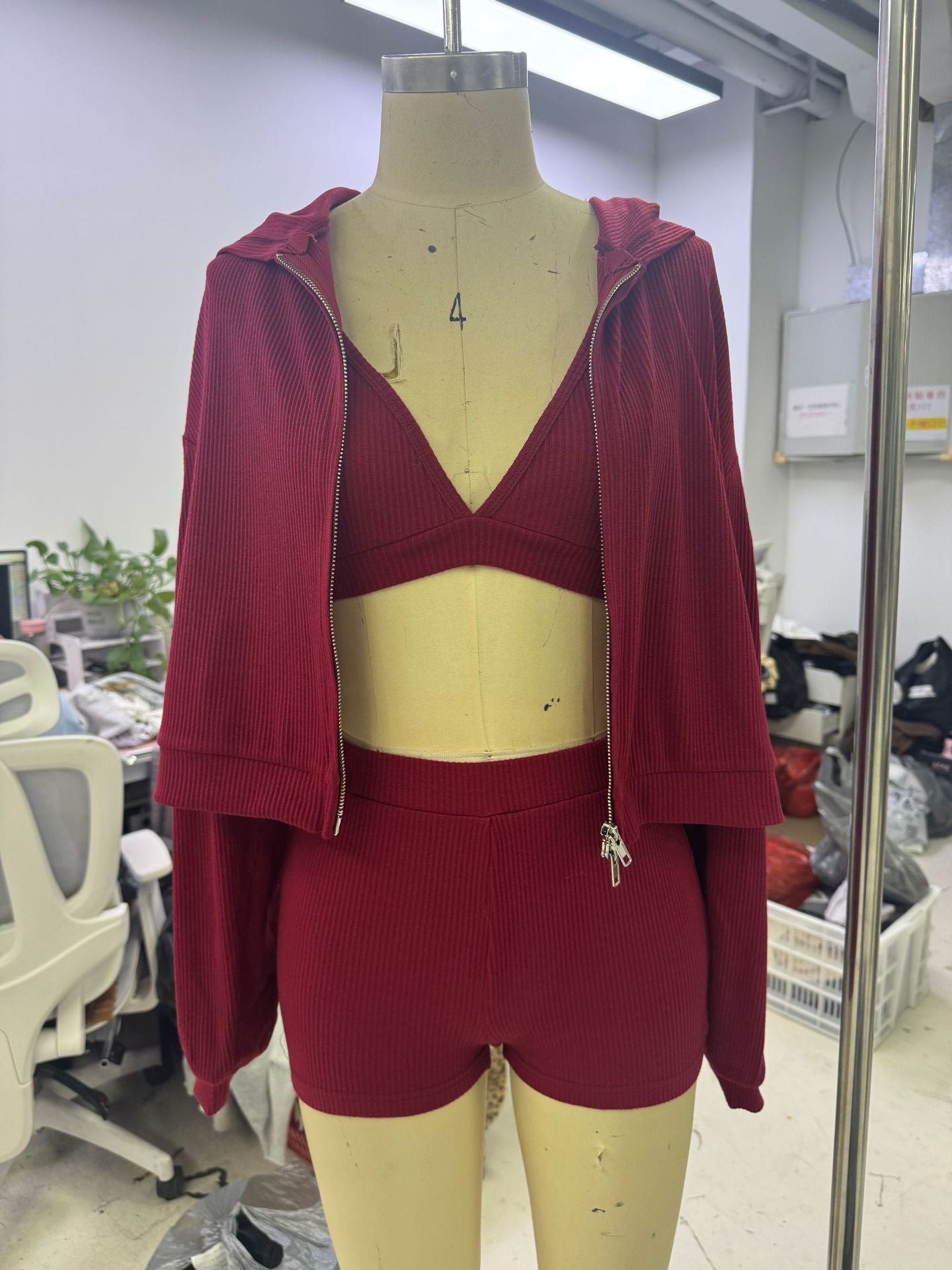 Solid Color Knitted Zipper Hooded Triangle Suits