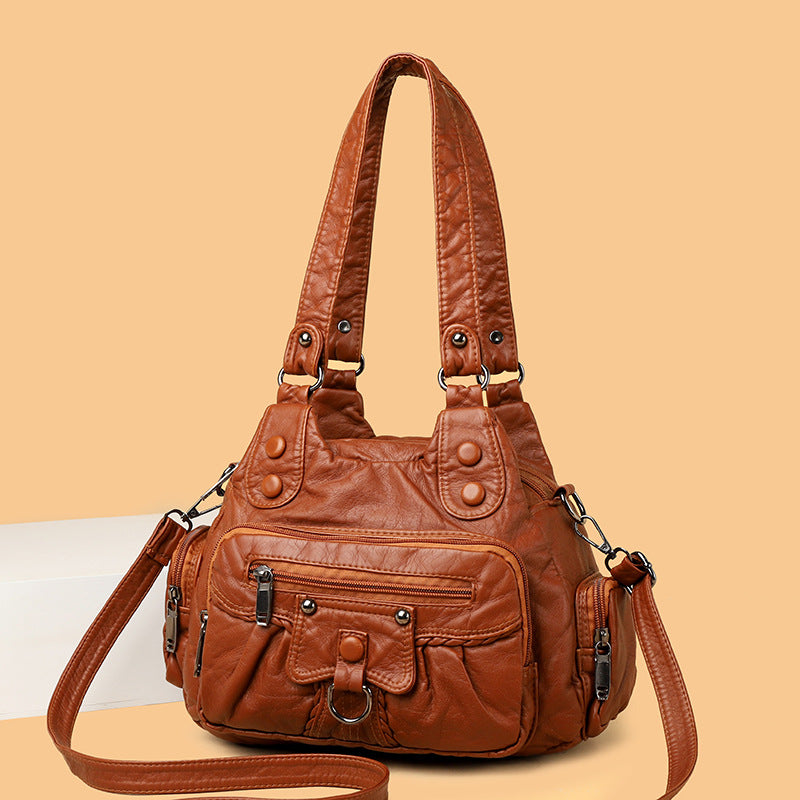 Women's Mom Large Capacity Stitching Washed Leather Shoulder Bags