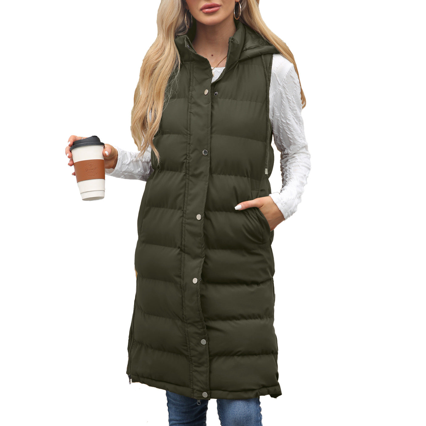 Women's Hooded Sleeveless Long Solid Color Zipper Vests