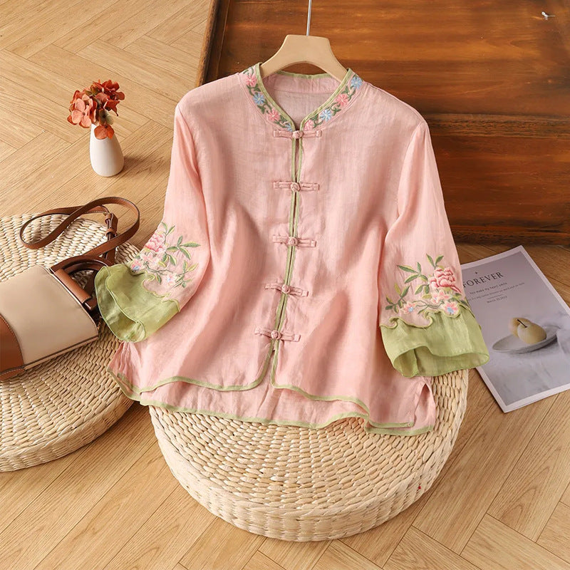 Women's Embroidery Shirt Frog Button Cropped National Blouses