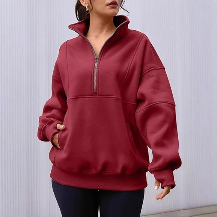 Women's Zipper Patchwork Pocket Brushed Hoody Loose Sweaters