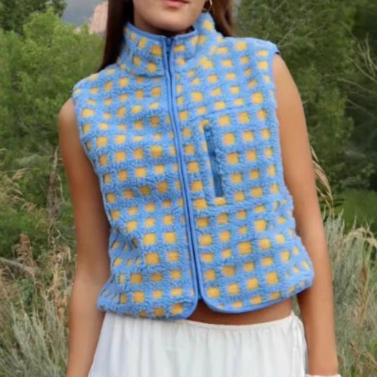 Women's Waffle Polar Fleece Waistcoat Sleeveless Turtleneck Vests