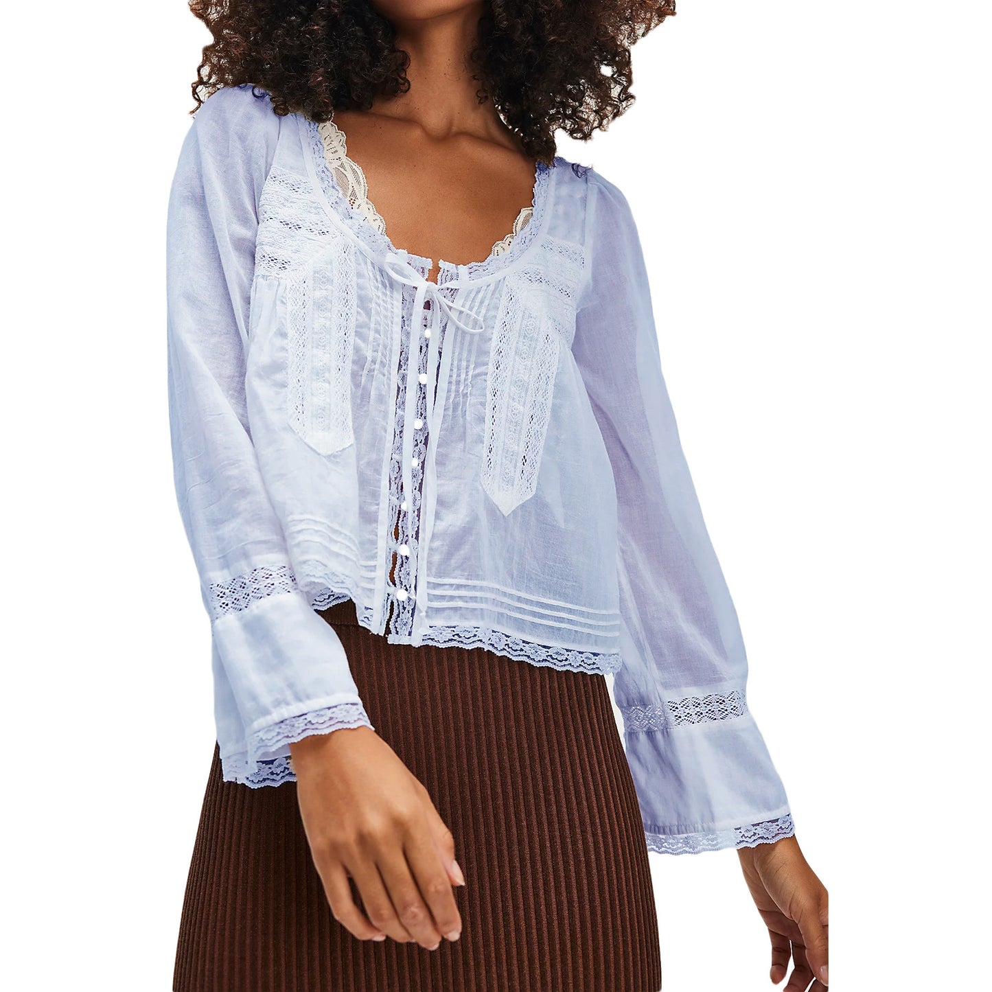 Lace Shirt U-shaped Collar Long Sleeve Blouses