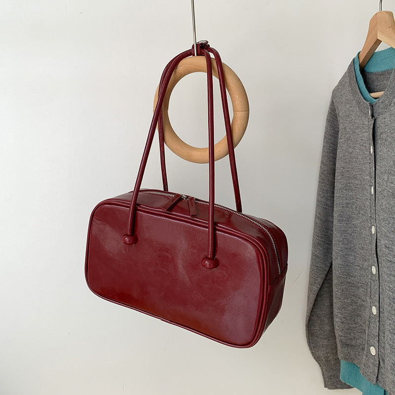 Women's Oil Wax Leather Retro Boston Korean Style Large Shoulder Bags
