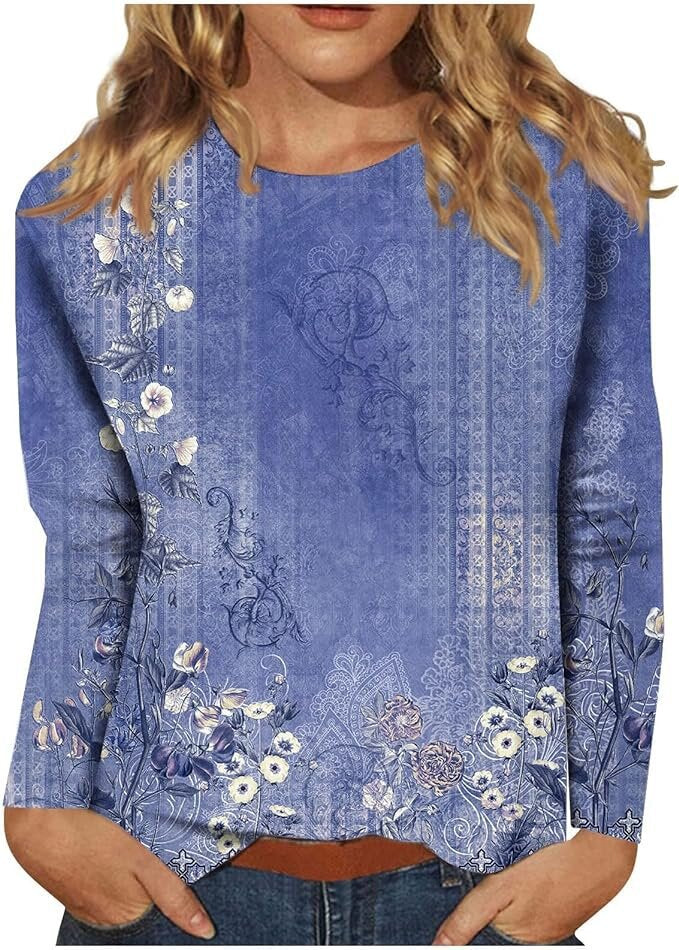 Women's Round Neck Long Sleeve Loose Print Blouses