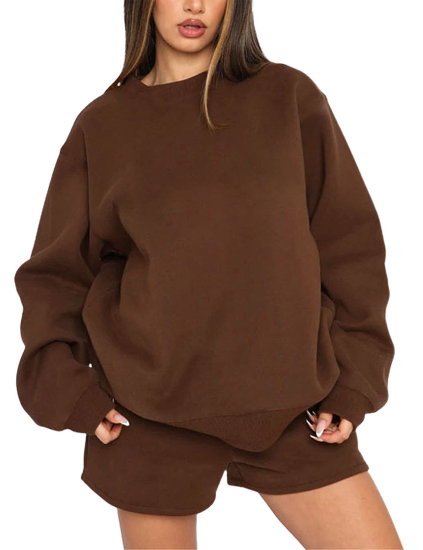 Women's Solid Color Round Neck Pullover Long Shorts