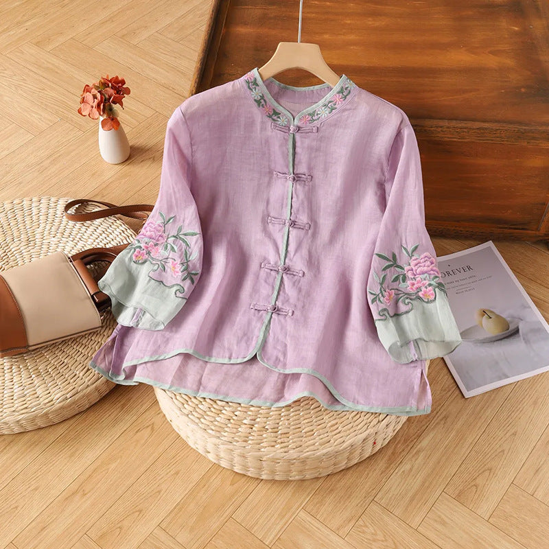 Women's Embroidery Shirt Frog Button Cropped National Blouses