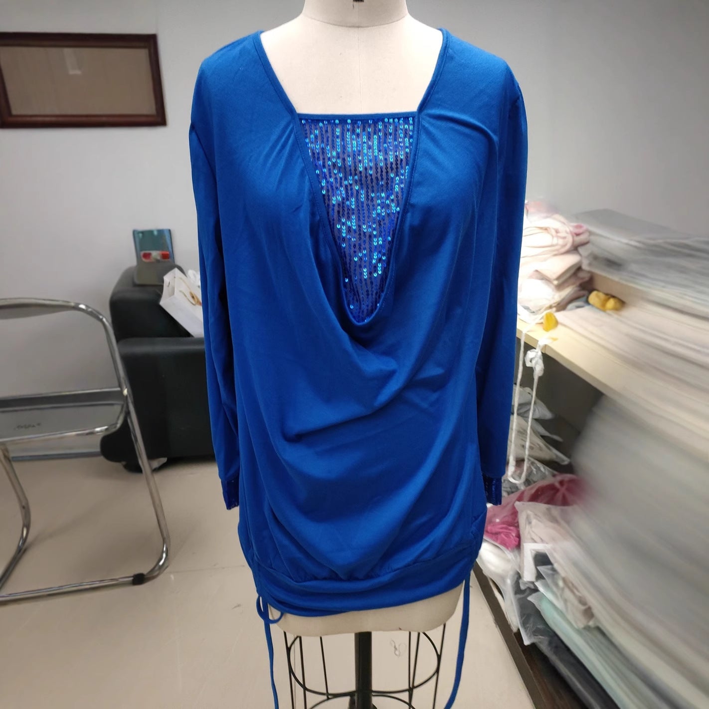 Pure Color Sequins Stitching Long-sleeved Elegant Blouses