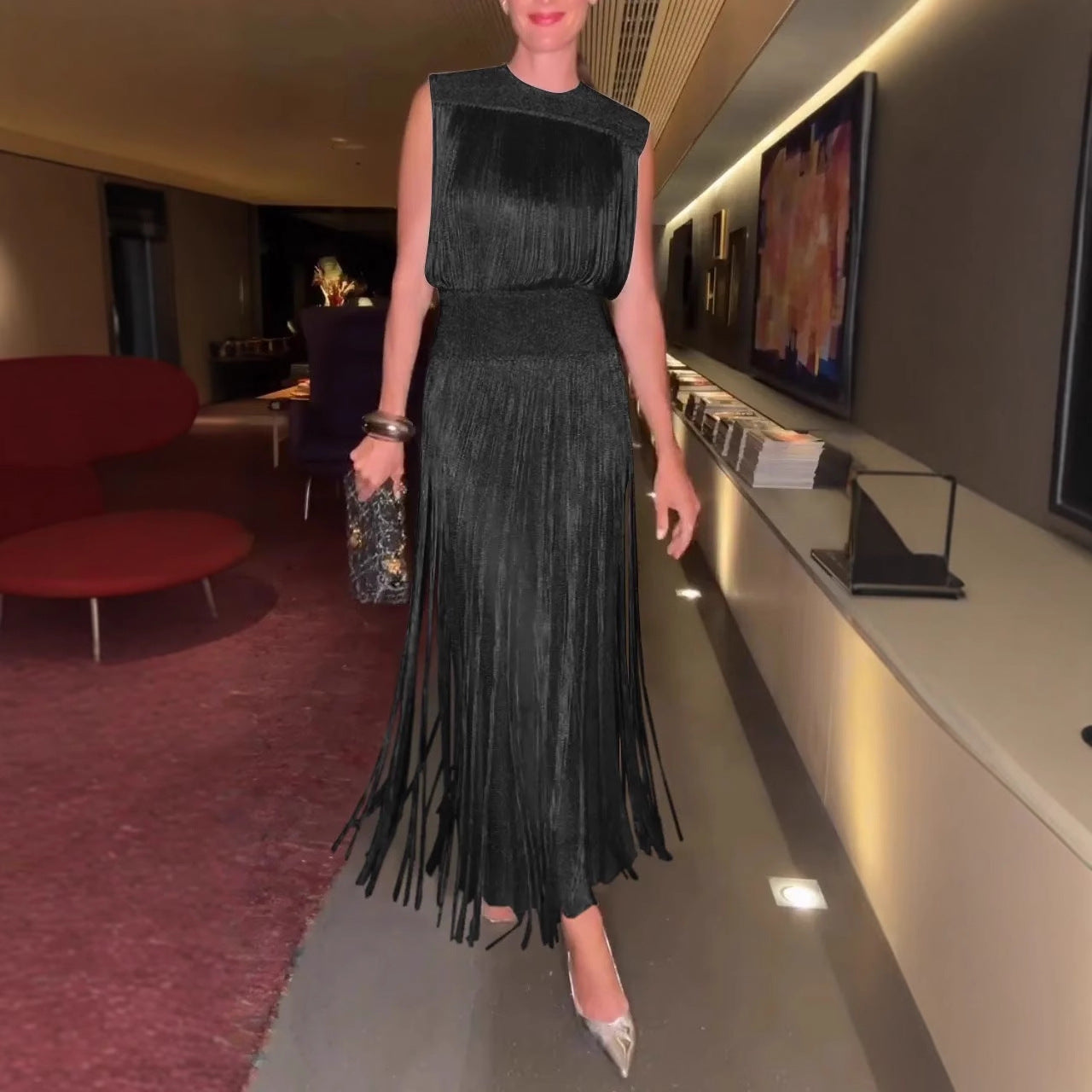 Elegant Tassel Dress Party Sleeveless Two-piece Suits