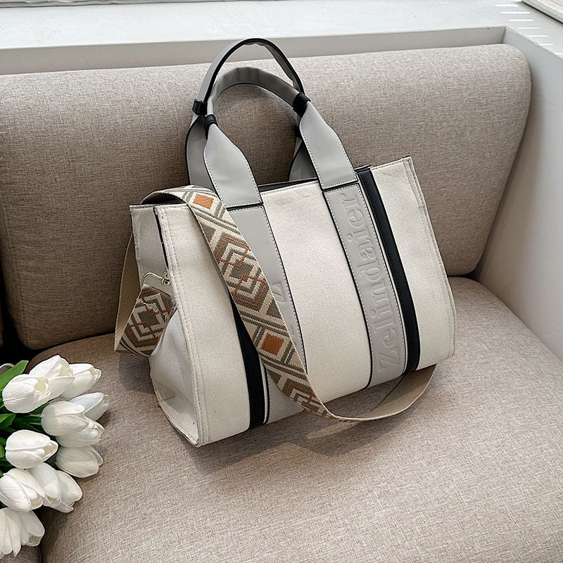 Women's Canvas Contrast Color Large Capacity Fashionable Tote Bags