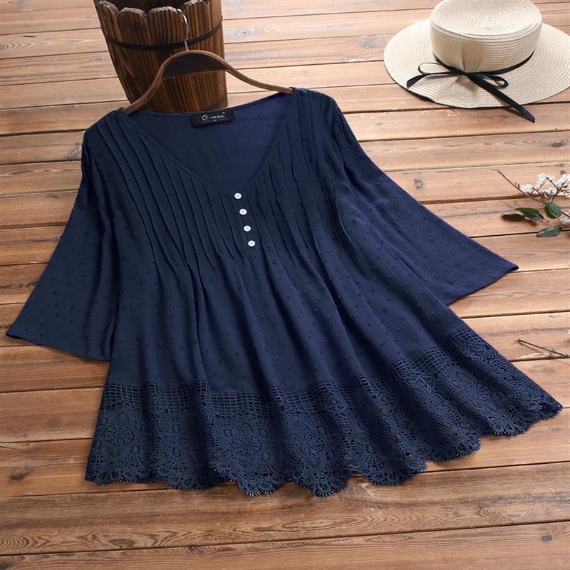 Women's Summer Jacquard Pleated Lace Hollow Out Blouses