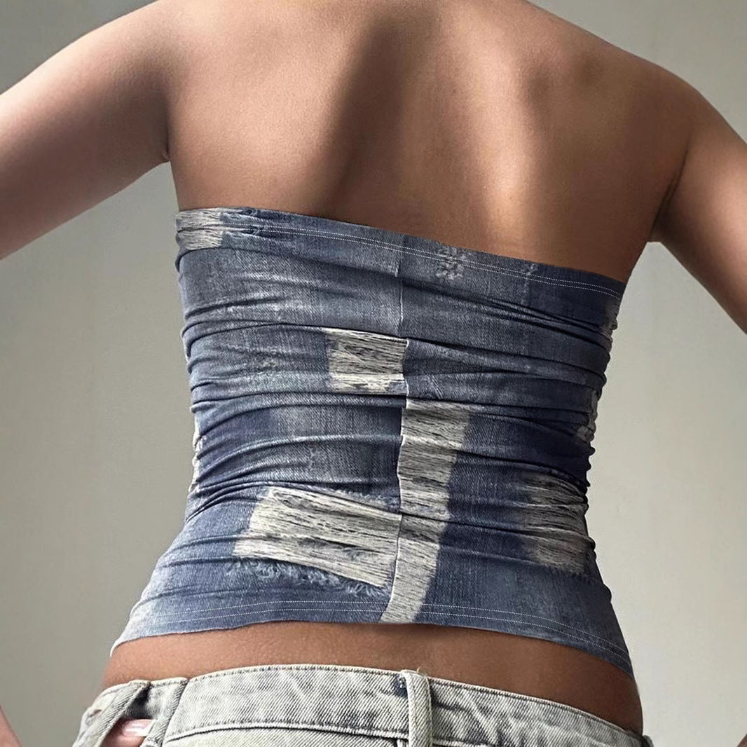 Fashion Imitation Denim Broken Printed Tube Tops