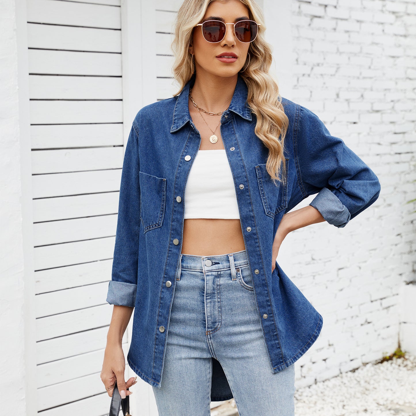 Women's Washed Loose Long Sleeve Snap Fastener Blouses