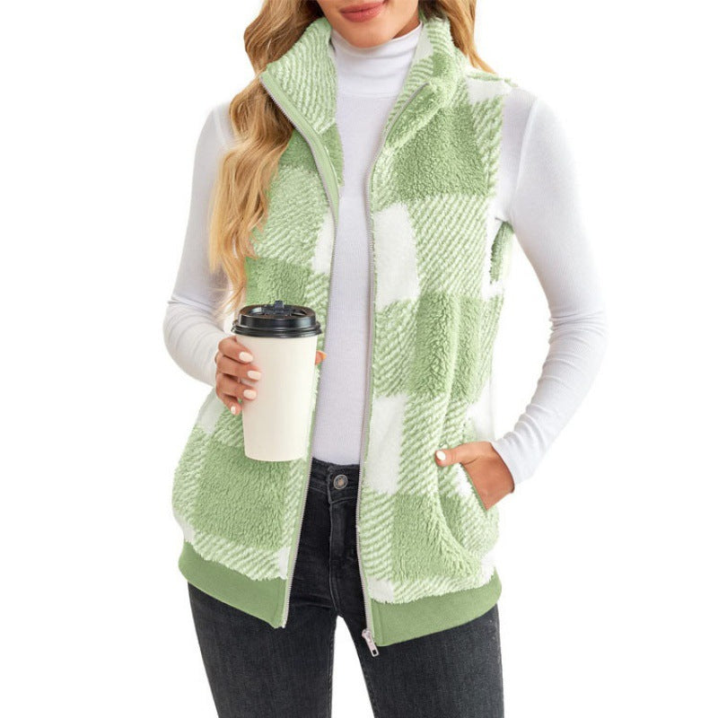 Women's Waistcoat Plaid Comfortable Veet Stand Collar Vests