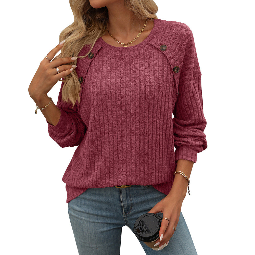 Women's Brushed Solid Color Long Sleeve Button Tops