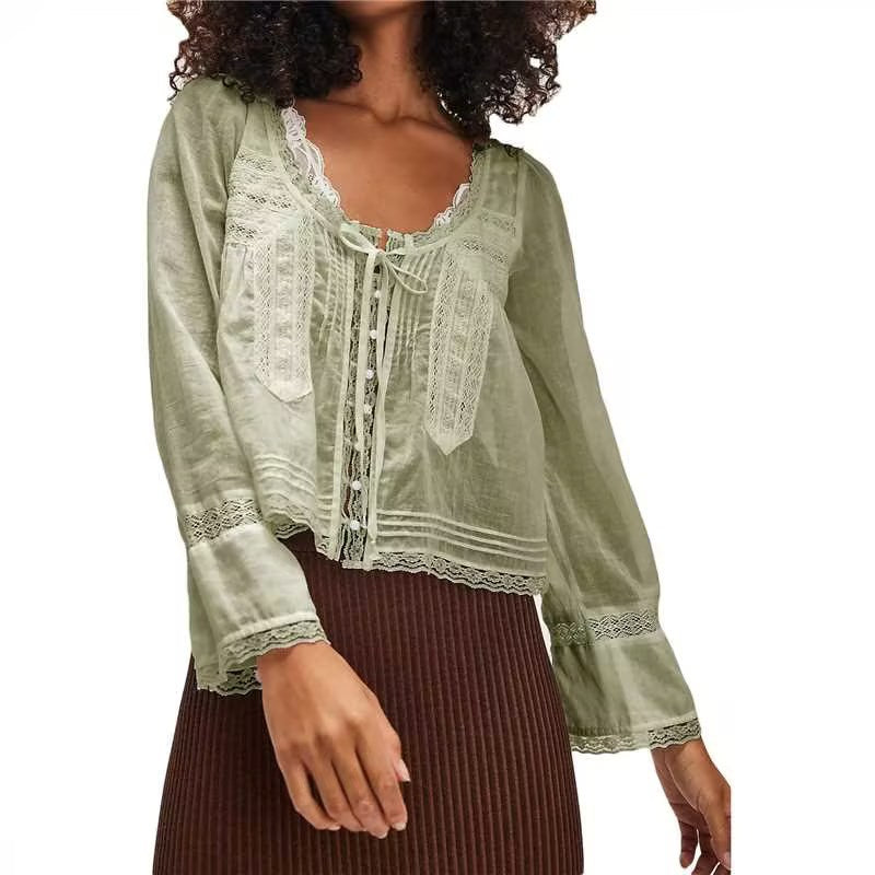 Lace Shirt U-shaped Collar Long Sleeve Blouses
