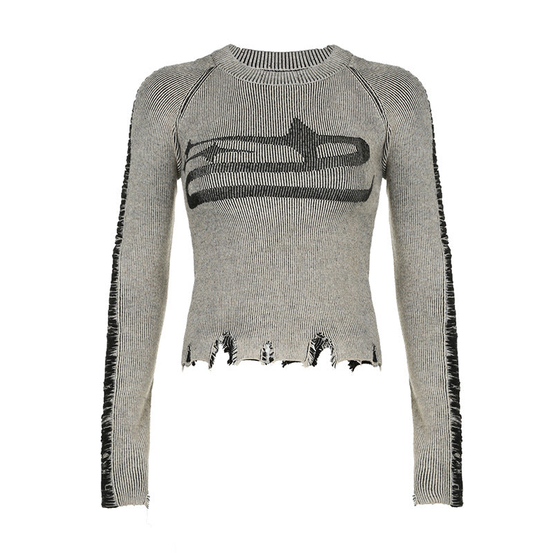 American Retro Contrast Color Broken Patchwork Round Neck Woolen Sweaters