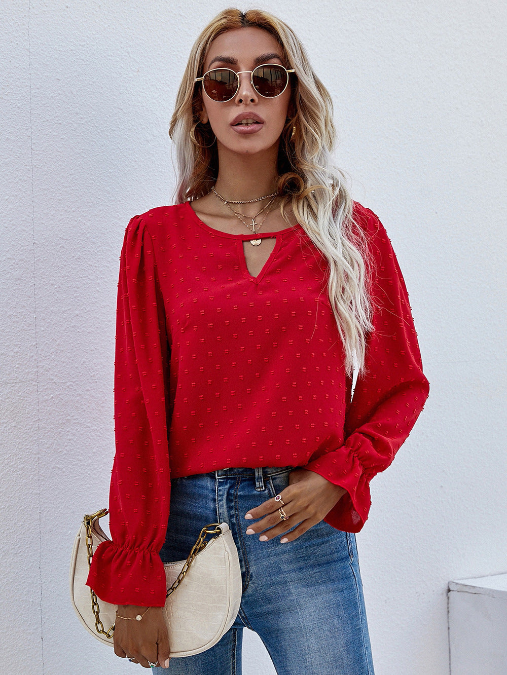 Women's Leaf Long Sleeve Jacquard Wave Point Blouses