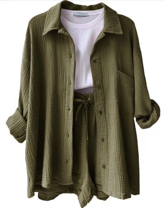 Women's Lapel Long Sleeve Shirt High Waist Drawstring Fashion Suits