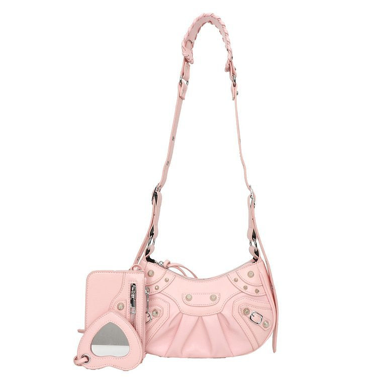 Women's Underarm Retro Rivet Motorcycle Pleated Crescent Crossbody Bags
