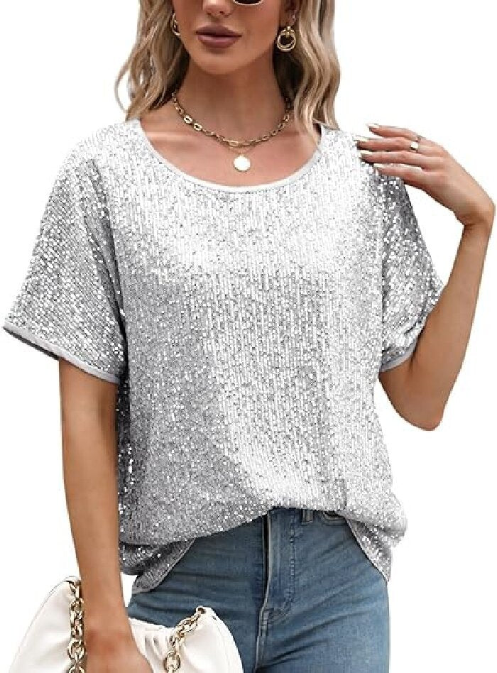 Loose Sequins Oblique Shoulder Sleeve Casual Sequin Tops