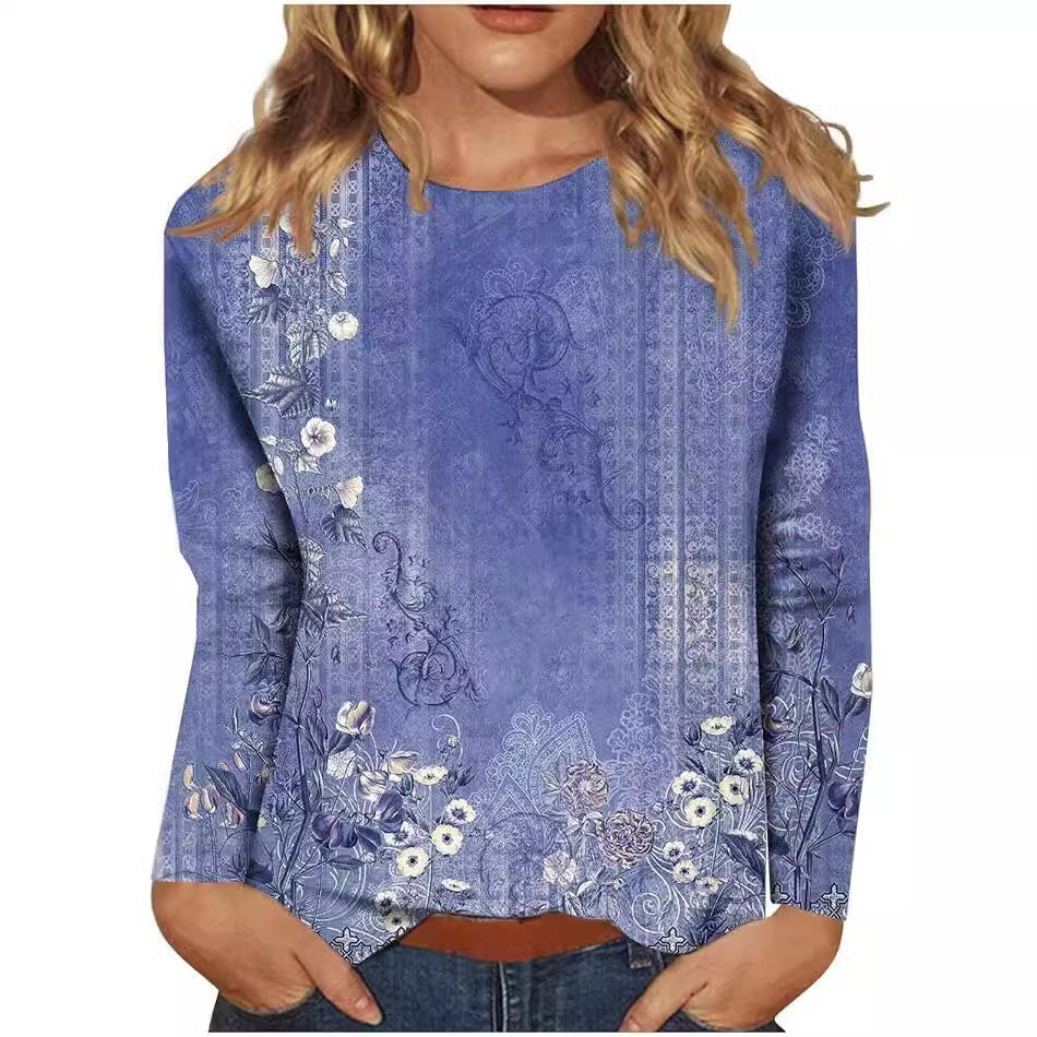 Women's Round Neck Long Sleeve Loose Print Blouses