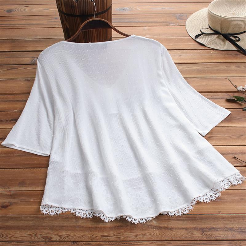 Women's Summer Jacquard Pleated Lace Hollow Out Blouses