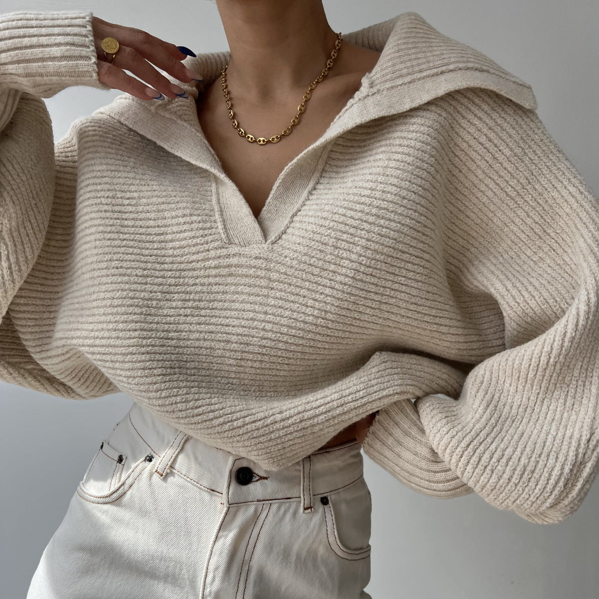 Women's Casual Stylish Knitted Lapel Pullover Sweaters