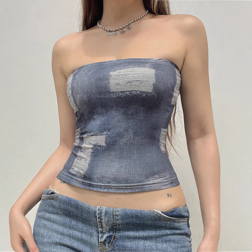 Fashion Imitation Denim Broken Printed Tube Tops