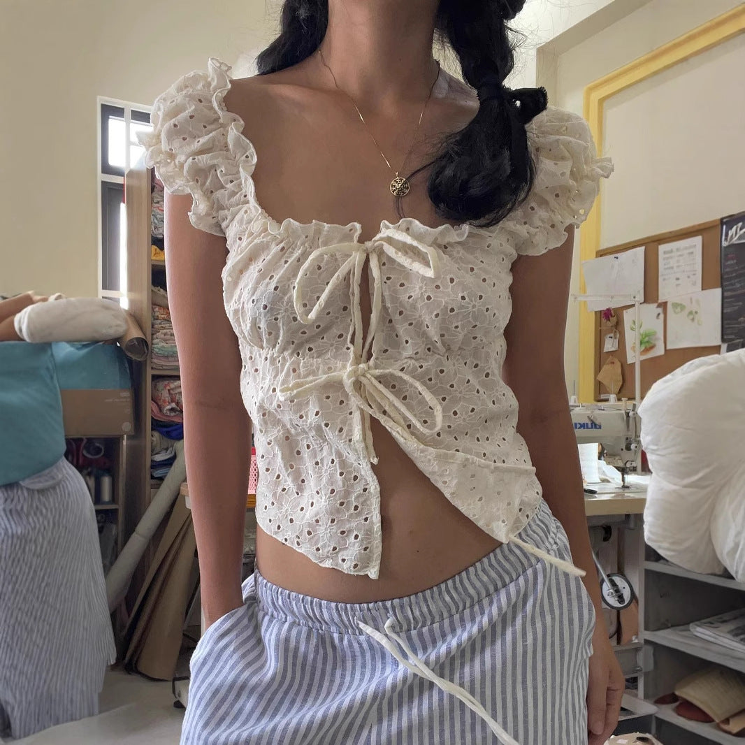 Out Strap Square Collar Puff Sleeve Blouses