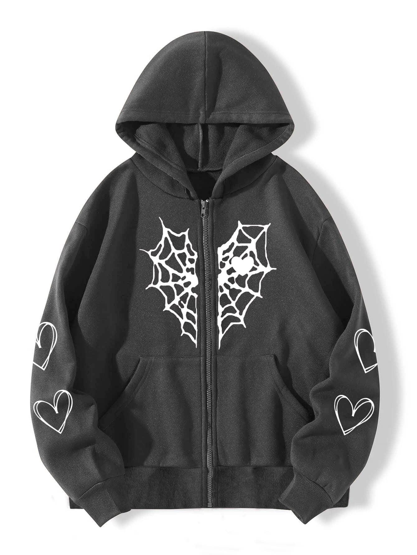 Spider Web Heart Printing Zipper Warm Sweaters