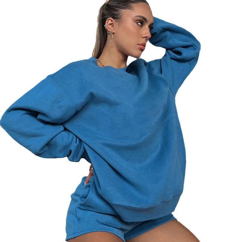 Women's Solid Color Round Neck Pullover Long Shorts