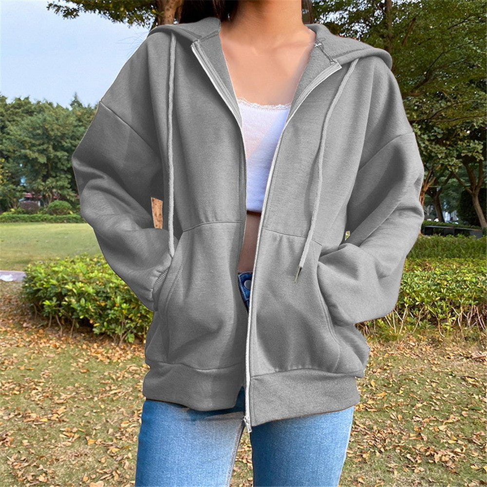 Women's Solid Color Hooded Fleece-lined Long-sleeved Loose Sweaters